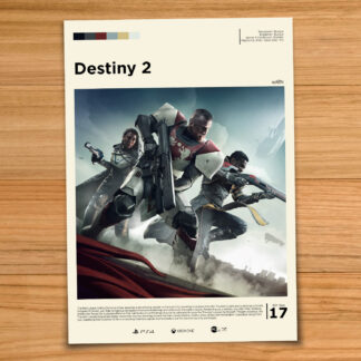 Minimalist, gallery-style Destiny 2 poster on a wood table background