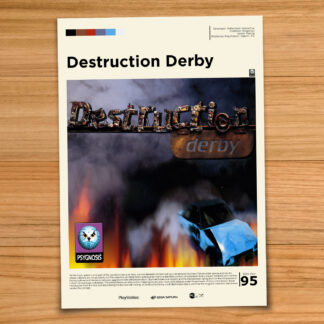 Minimalist, gallery-style Destruction Derby poster on a wood table background