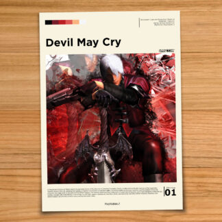 Minimalist, gallery-style Devil May Cry poster on a wood table background