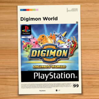 Minimalist, gallery-style Digimon World poster on a wood table background