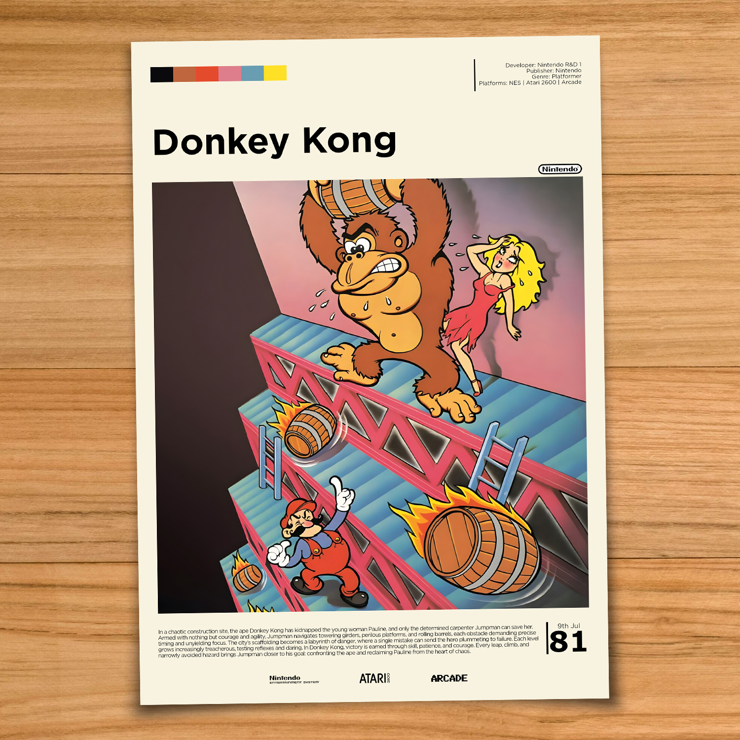 Minimalist, gallery-style Donkey Kong poster on a wood table background