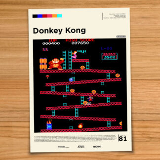 Minimalist, gallery-style Donkey Kong poster on a wood table background