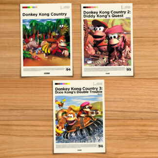 Donkey Kong Country poster set, including Donkey Kong Country, Donkey Kong Country 2 and Donkey Kong Country 3 on a wood table background