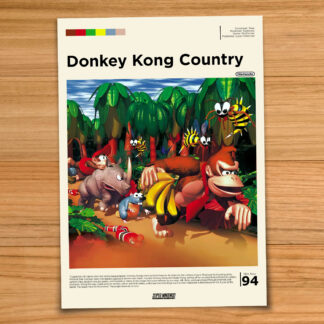 Minimalist, gallery-style Donkey Kong Country poster on a wood table background