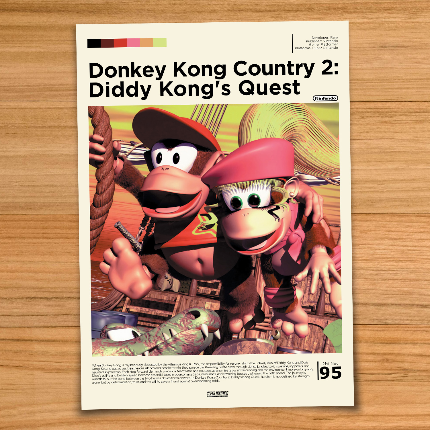 Minimalist, gallery-style Donkey Kong Country 2 poster on a wood table background