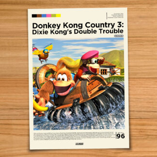 Minimalist, gallery-style Donkey Kong Country 3 poster on a wood table background