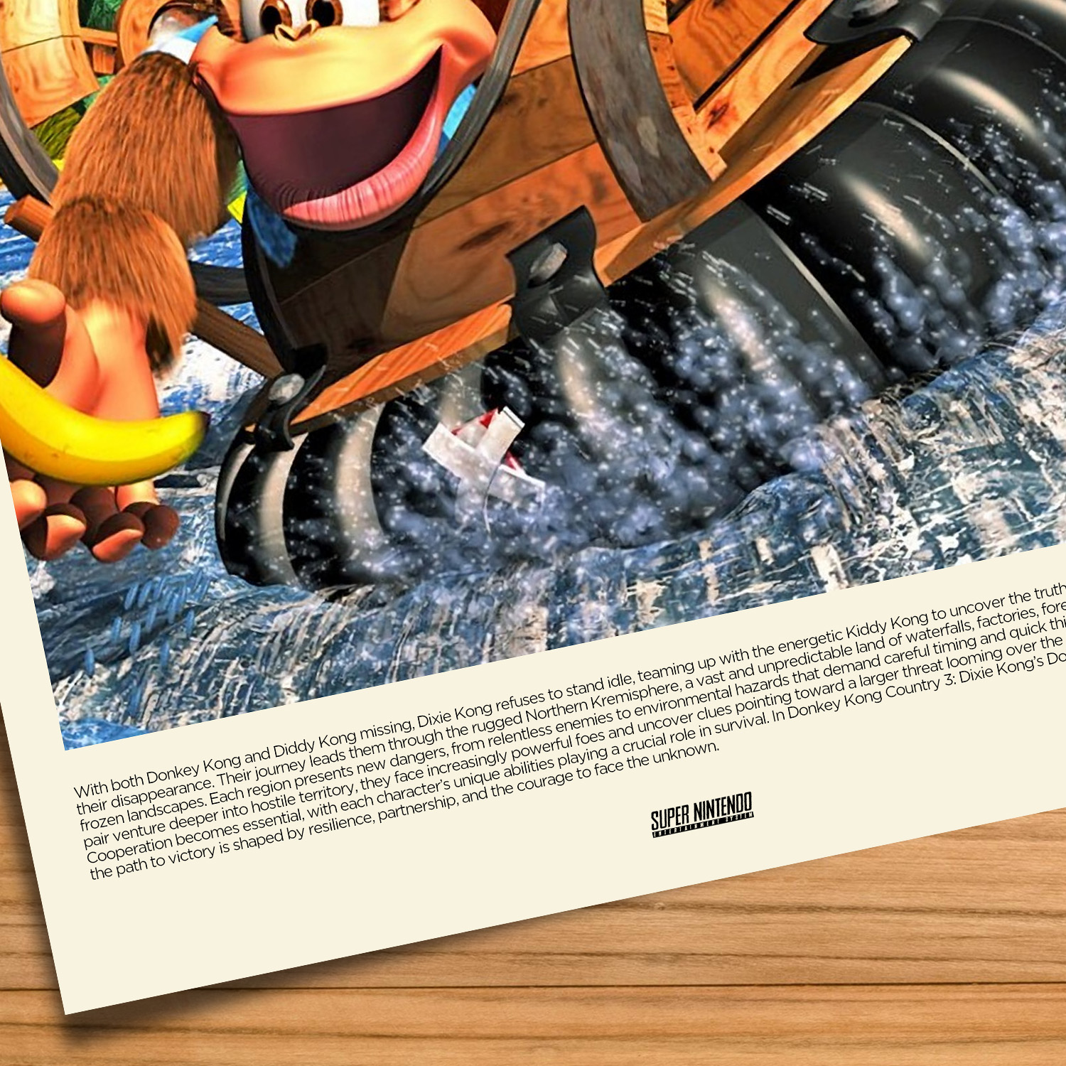Minimalist, gallery-style Donkey Kong Country 3 poster on a wood table background