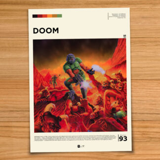 Minimalist, gallery-style DOOM poster on a wood table background