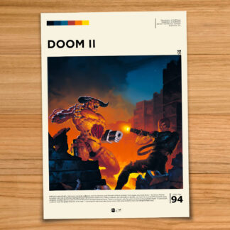 Minimalist, gallery-style DOOM 2 poster on a wood table background