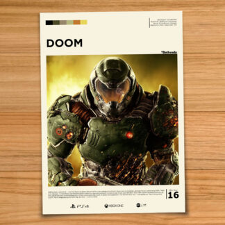Minimalist, gallery-style DOOM poster on a wood table background
