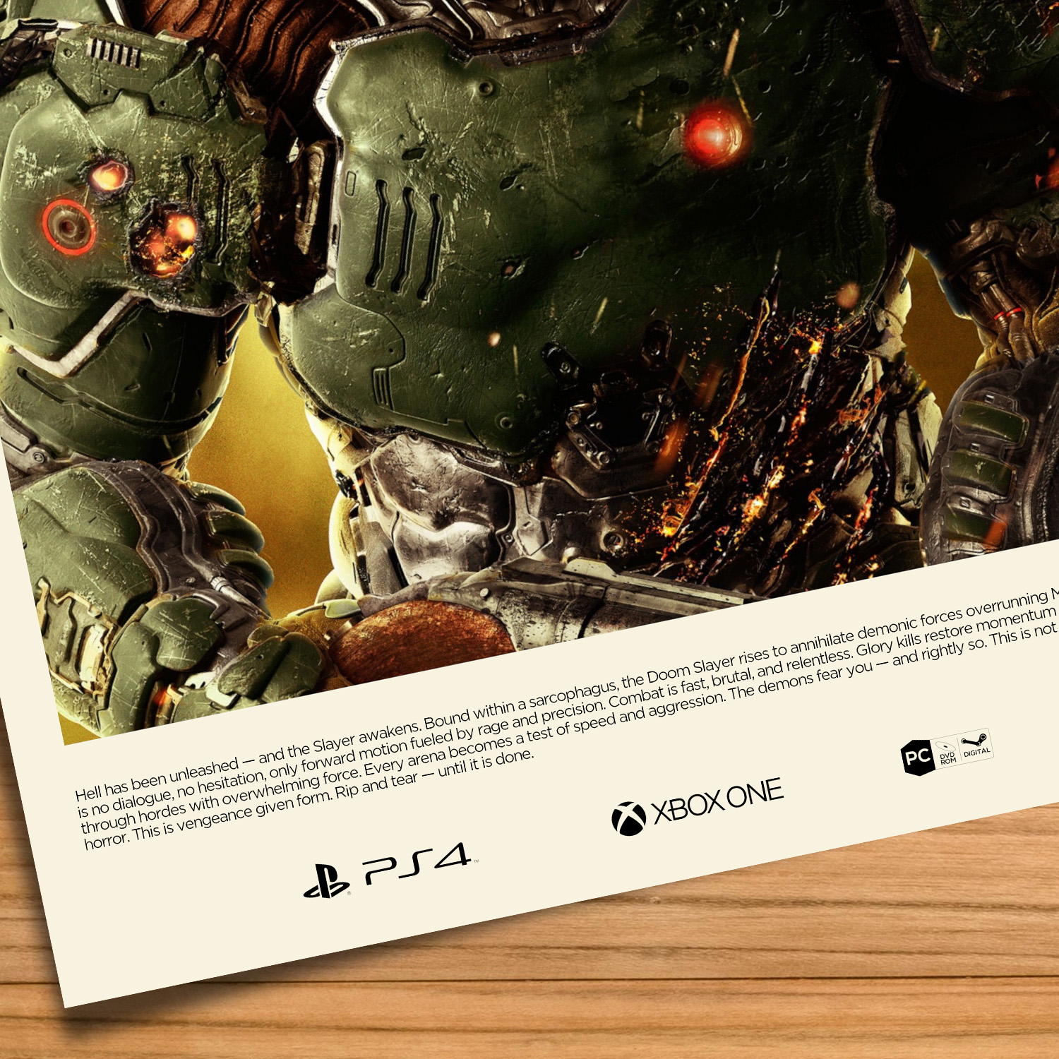 Minimalist, gallery-style DOOM poster on a wood table background