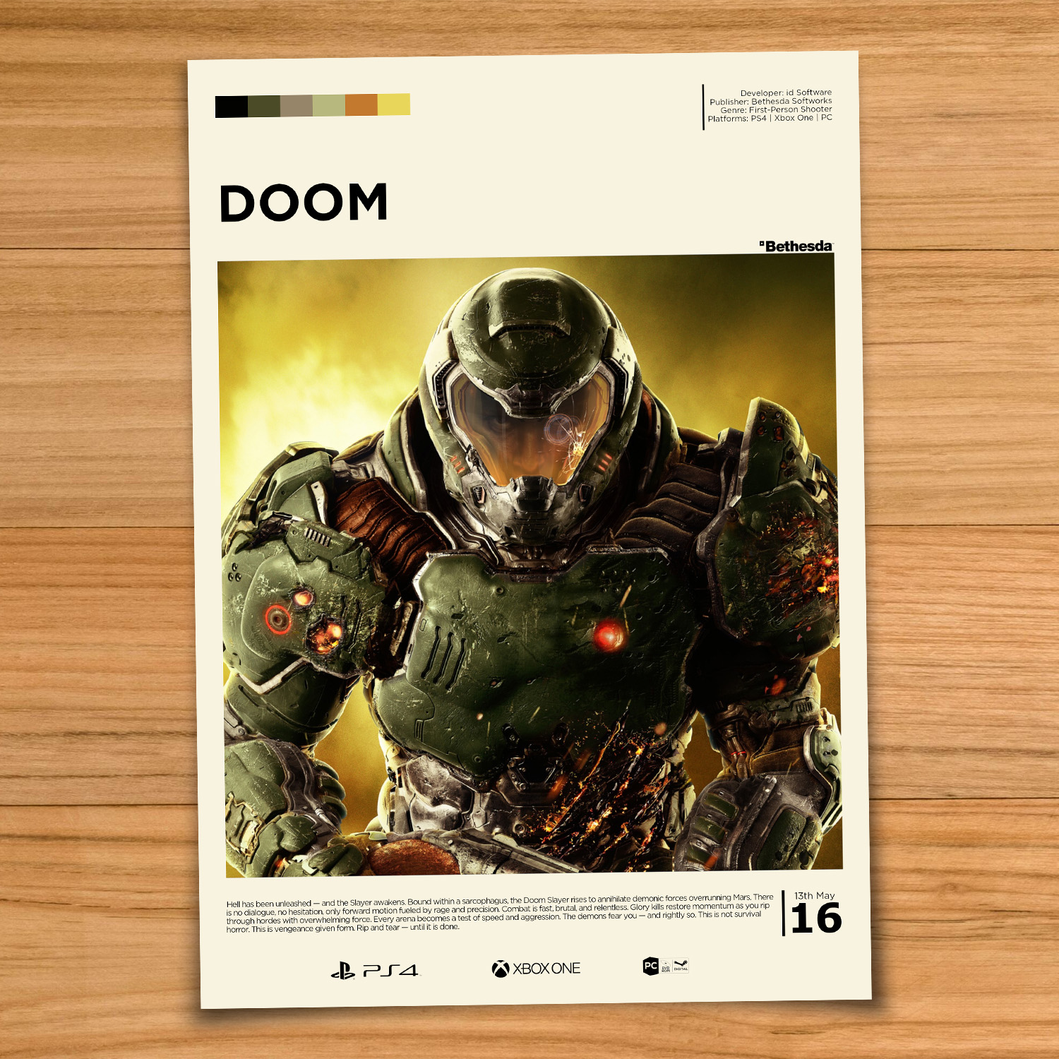 Minimalist, gallery-style DOOM poster on a wood table background