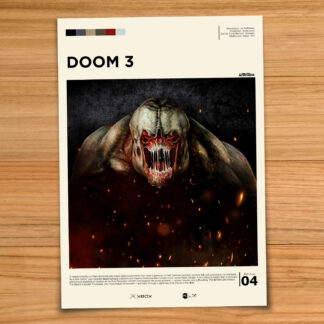 Minimalist, gallery-style DOOM 3 poster on a wood table background