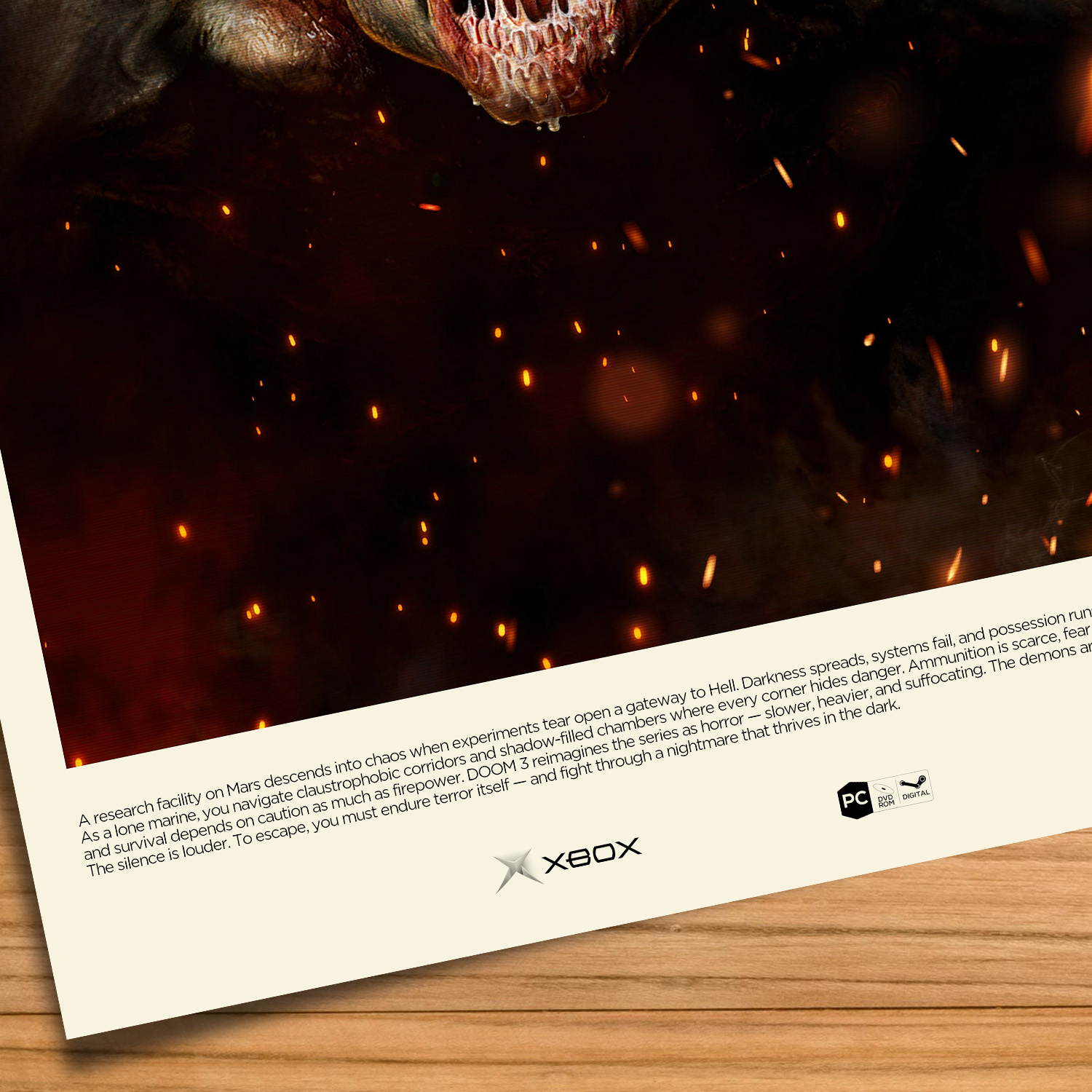 Minimalist, gallery-style DOOM 3 poster on a wood table background