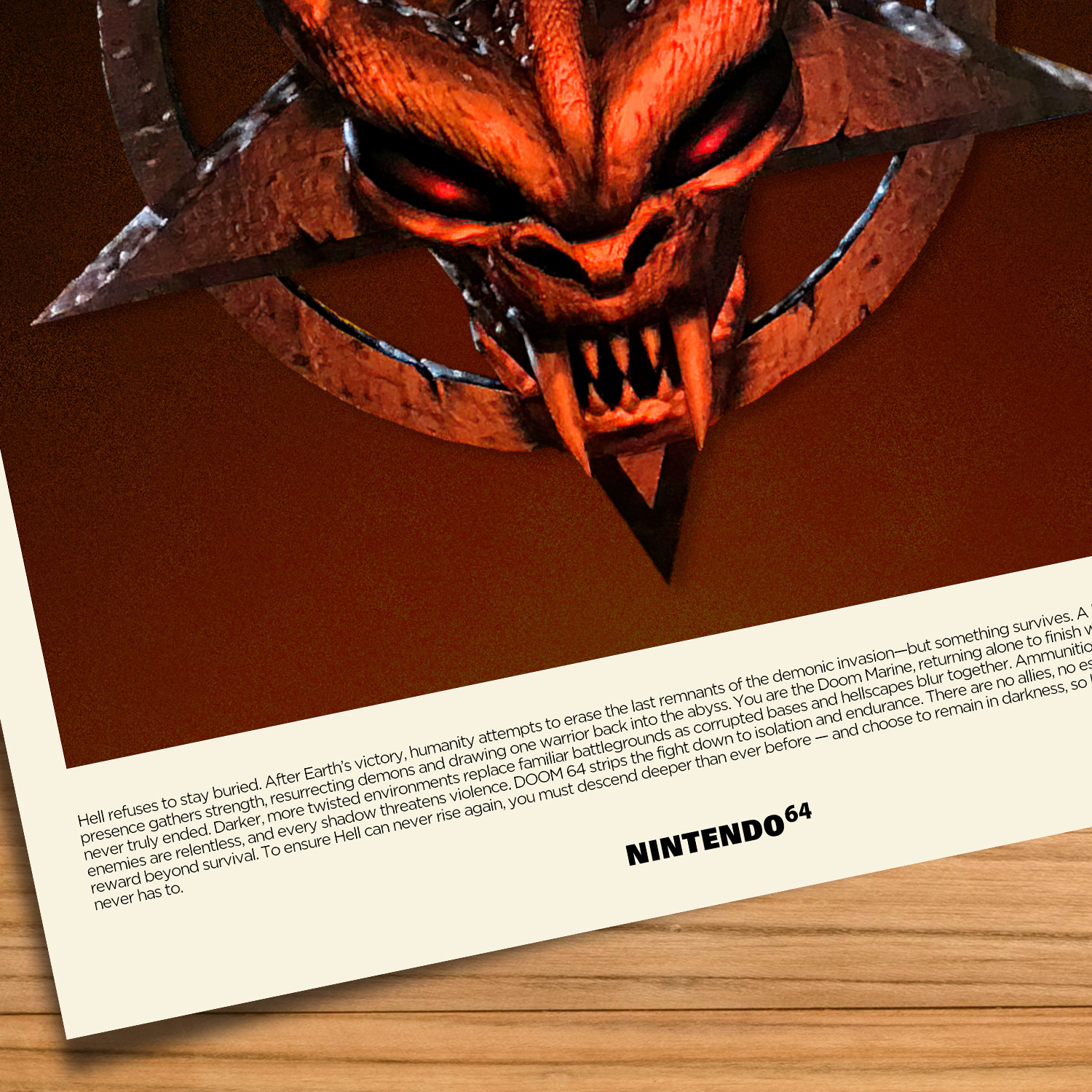 Minimalist, gallery-style DOOM 64 poster on a wood table background