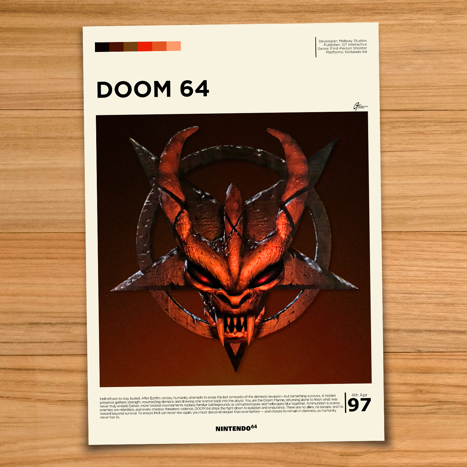 Minimalist, gallery-style DOOM 64 poster on a wood table background