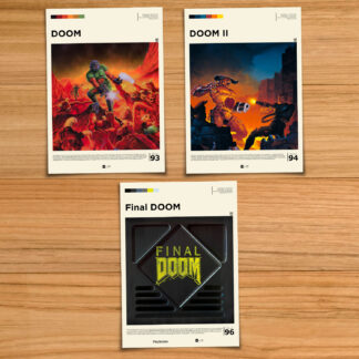 DOOM classic poster set, including DOOM, DOOM II and Final DOOM on a wood table background