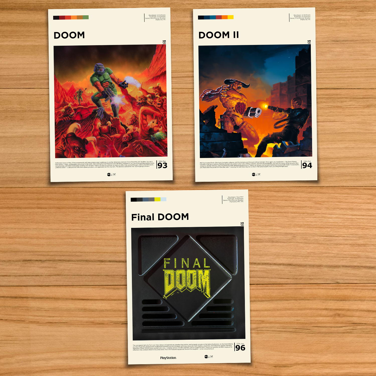 DOOM classic poster set, including DOOM, DOOM II and Final DOOM on a wood table background