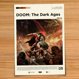 Minimalist, gallery-style DOOM The Dark Ages poster on a wood table background