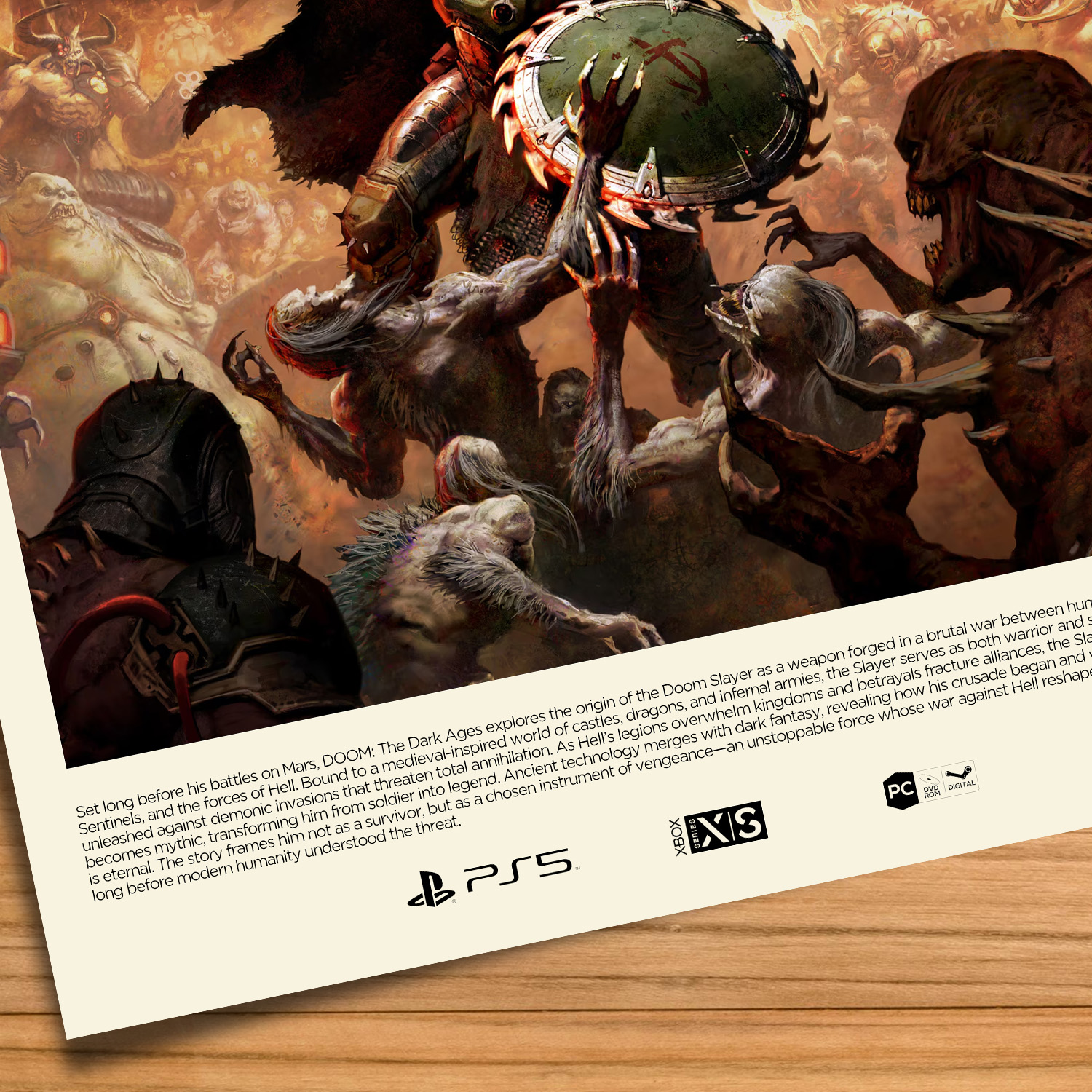 Minimalist, gallery-style DOOM The Dark Ages poster on a wood table background