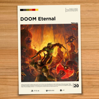 Minimalist, gallery-style DOOM Eternal poster on a wood table background