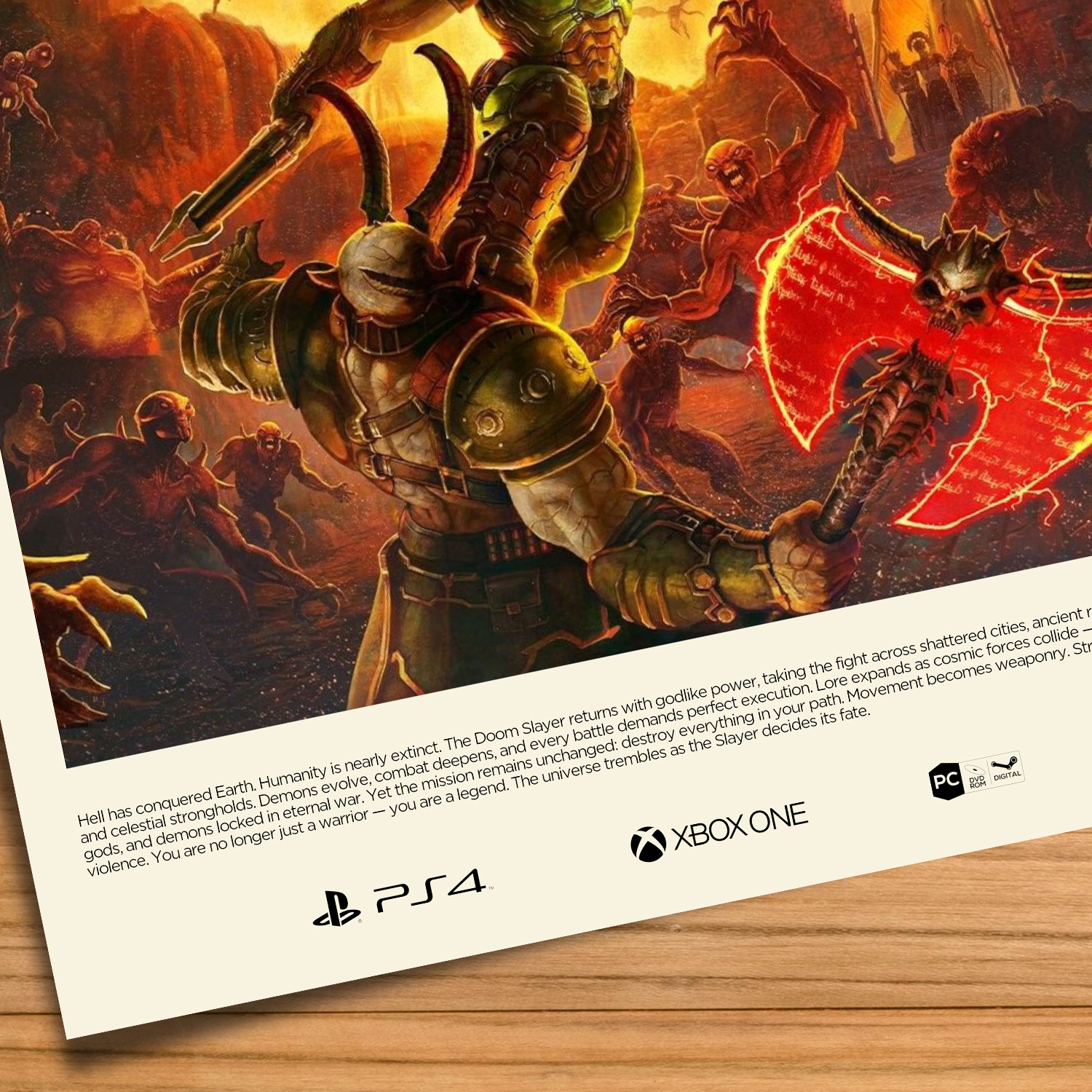 Minimalist, gallery-style DOOM Eternal poster on a wood table background