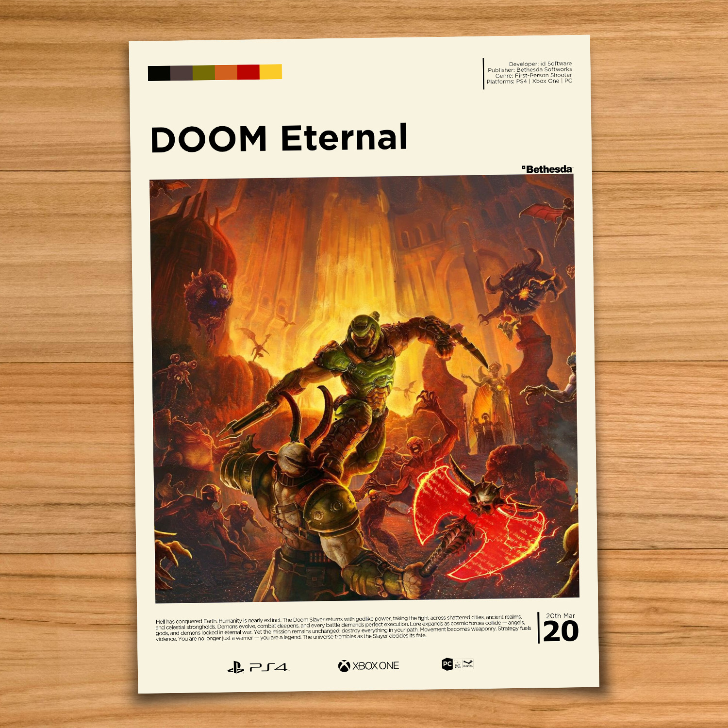 Minimalist, gallery-style DOOM Eternal poster on a wood table background