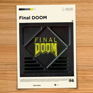 Minimalist, gallery-style Final DOOM poster on a wood table background