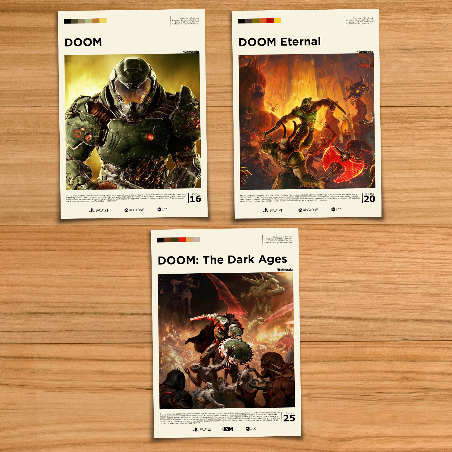 DOOM modern poster set, including DOOM, DOOM Eternal and DOOM The Dark Ages on a wood table background