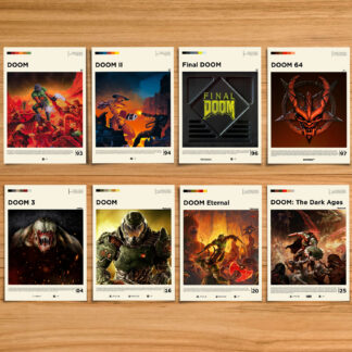 Complete DOOM poster set, including DOOM, DOOM II, Final DOOM, DOOM 64, DOOM 3, DOOM 2016, DOOM Eternal and DOOM The Dark Ages on a wood table background
