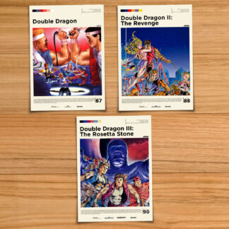 Minimalist, gallery-style Double Dragon trilogy poster set, including Double Dragon 1, 2 and 3 prints on a wood table background