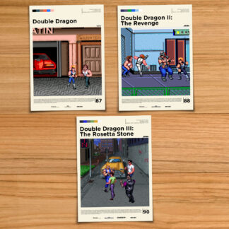 Minimalist, gallery-style Double Dragon gameplay poster set, including Double Dragon 1, 2 and 3 prints on a wood table background