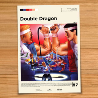 Minimalist, gallery-style Double Dragon poster on a wood table background