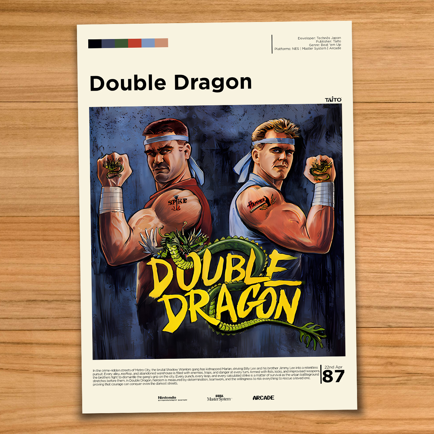 Minimalist, gallery-style Double Dragon poster on a wood table background