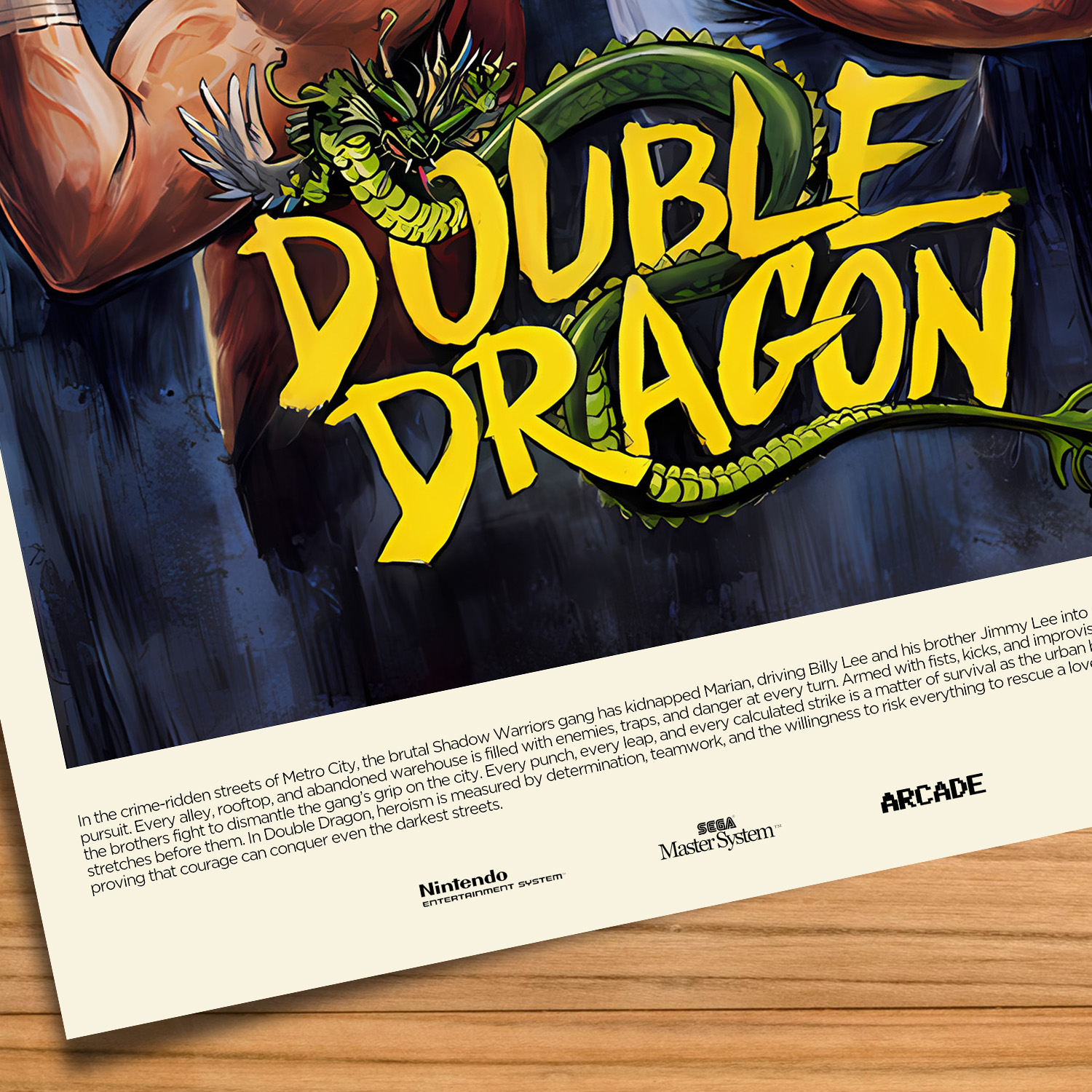 Minimalist, gallery-style Double Dragon poster on a wood table background