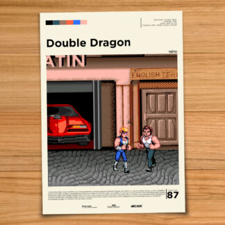 Minimalist, gallery-style Double Dragon poster on a wood table background