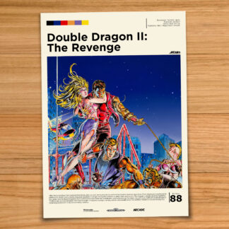 Minimalist, gallery-style Double Dragon 2 poster on a wood table background