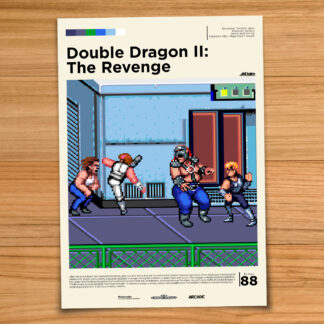 Minimalist, gallery-style Double Dragon 2 poster on a wood table background