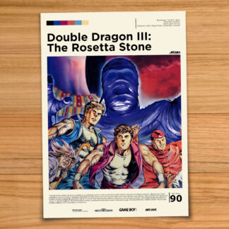Minimalist, gallery-style Double Dragon 3 poster on a wood table background