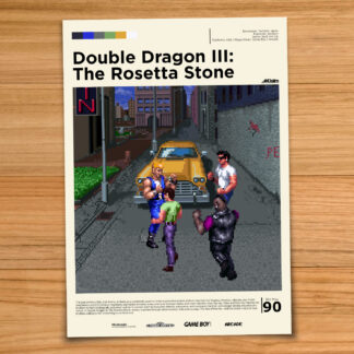 Minimalist, gallery-style Double Dragon 3 poster on a wood table background