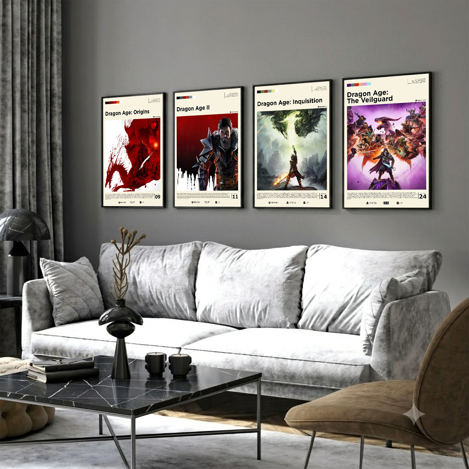 4 Dragon Age posters in black frames on a grey wall with a light grey sofa underneath