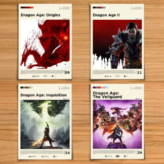 Minimalist, gallery-style Dragon Age poster set, including Dragon Age Origins, 2, Inquisition and The Veilguard prints on a wood table background