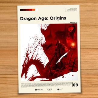 Minimalist, gallery-style Dragon Age poster on a wood table background