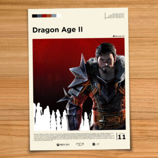 Minimalist, gallery-style Dragon Age II poster on a wood table background