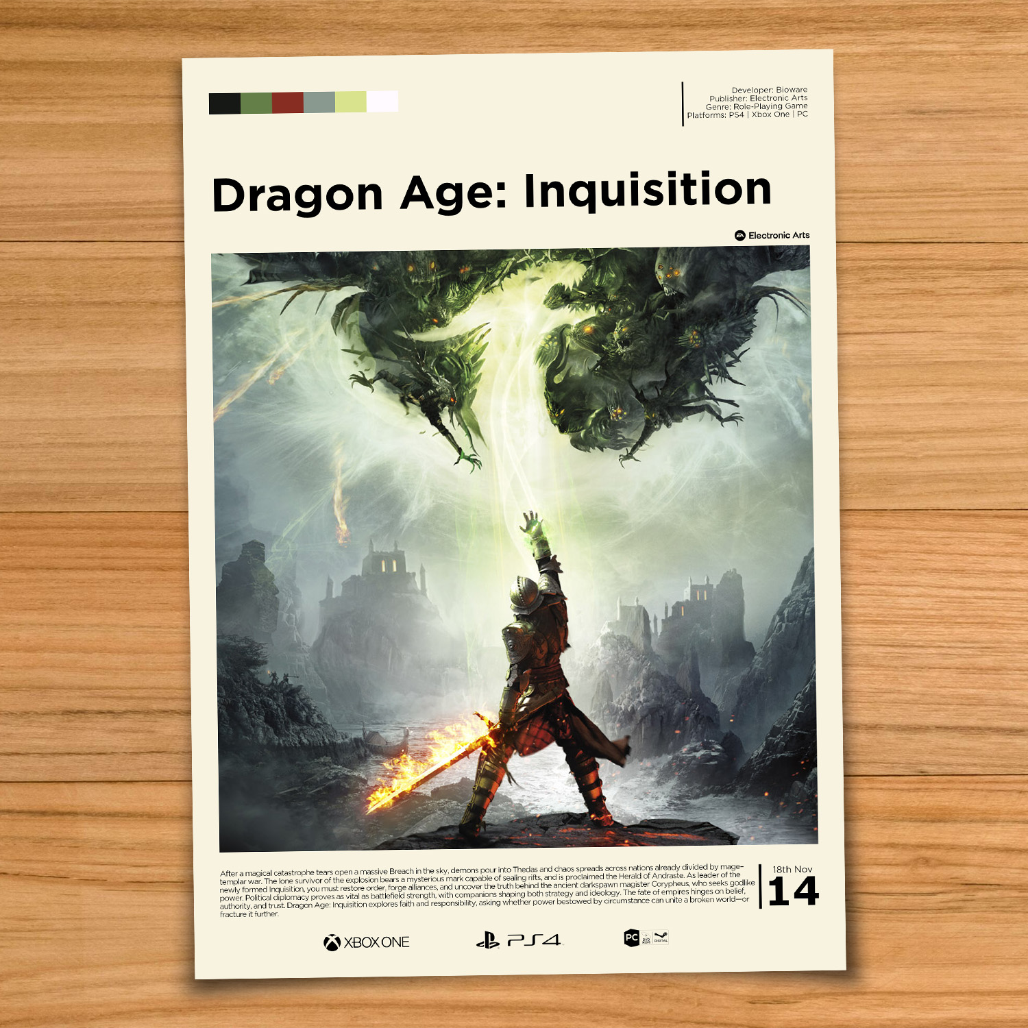 Minimalist, gallery-style Dragon Age Inquisition poster on a wood table background