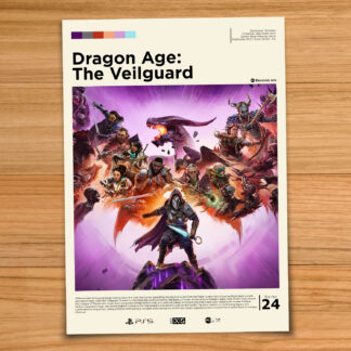 Minimalist, gallery-style Dragon Age The Veilguard poster on a wood table background