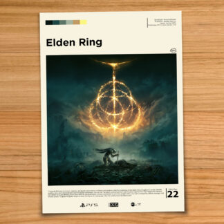 Minimalist, gallery-style Elden Ring poster on a wood table background