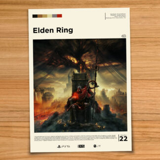 Minimalist, gallery-style Elden Ring Shadow of the Erdtree poster on a wood table background