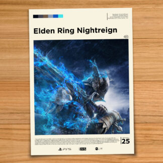 Minimalist, gallery-style Elden Ring Nightreign poster on a wood table background