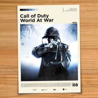 Minimalist, gallery-style Call of Duty World at War poster on a wood table background